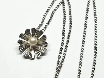 Vintage Van Dell Sterling Silver Cultured Pearl Flower Pendant Necklace Jewelry • $39.99