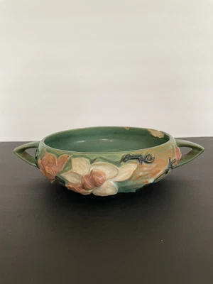 $12 • Buy Vintage Roseville Pottery Green Double Handled Magnolia Bowl #447 - 6 AS FOUND