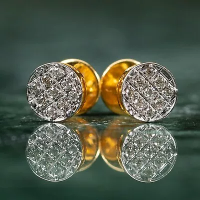 Circle Round Real 0.09Ct Natural Diamond 10K Yellow Gold Screw Back Earrings • $310.01