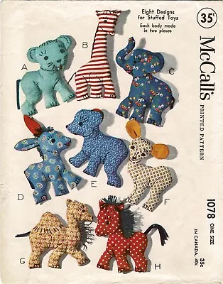 Eight Stuffed Animals Toys Pony + McCall's 1078 VTG 1943 Craft Sewing Pattern • $6.50