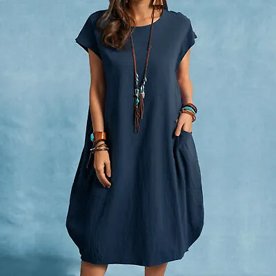 $26.16 • Buy Womens Short Sleeve Cotton Linen Loose Baggy Dress Kaftan Midi Dresses Plus Size