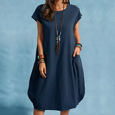 $26.16 • Buy Womens Short Sleeve Cotton Linen Loose Baggy Dress Kaftan Midi Dresses Plus Size