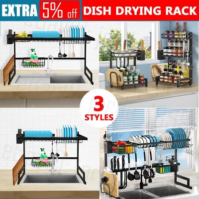 $39.89 • Buy Dish Drying Rack Drainer Over Sink Steel Cup Cutlery Organizer Shelf Spice Rack