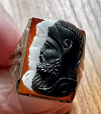 Vintage Double Face Roman Soldier Knight Carved Cameo 10K - Unisex - Size 10.25 • $399