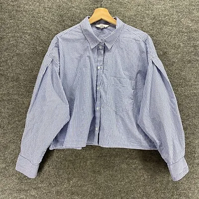 H&M Shirt Women L Large Blue Striped Cropped Button Up Collared Long Sleeve • $10.49