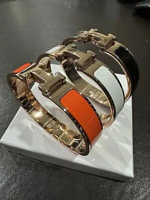 SET OF 3 Clic H PM Gold Plated BLACK / WHITE AND ORANGE Enamel Bangle Bracelets • $129.99