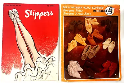 Vintage Knitting Crochet Pattern Books Slippers STAR # 47 & Bouquet Bulky Adult • $16.91