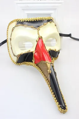 Mens Long Nose Venetian Masquerade Mask Mardi Gras Red Black Ivory & Gold • £10.99