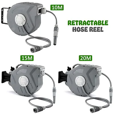 10/15/20m Garden Patio Hose Reel Wall Mounted Retractable Auto Rewind Pipe 180° • £48.85