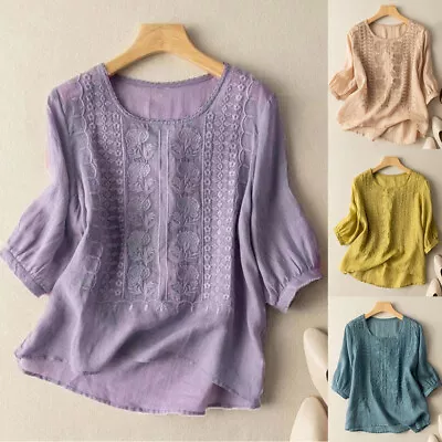 Women T-Shirt Floral Embroidery Crochet Blouse 3/4 Sleeve Tops Casual Pullover • $12.12