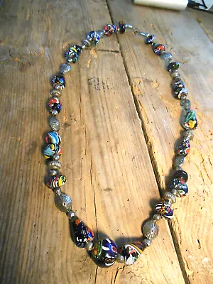 Vintage African Glass Necklace With Silver Plated Beads. • $14.99