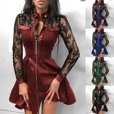 $23.27 • Buy Womens PU Leather Gothic Punk Mini Dress Ladies Lace Long Sleeve Party Clubwear