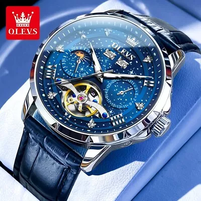 Automatic Mechanical Waterproof OLEVS Luxury Watch Men Strap Sky Moon Phase Mens • $119.69