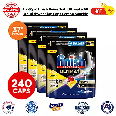 Finish Powerball Ultimate All In 1 Dishwashing Tabs/Caps Lemon Sparkle 4 X 60 AU • $96.83