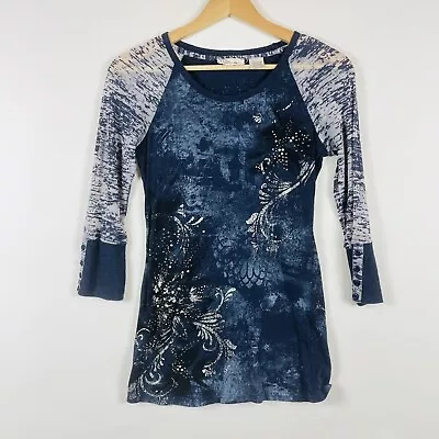 Miss Me Blue Studded Embellished Half Sleeve Burnout Tee Top Shirt Womens Medium • $18.99