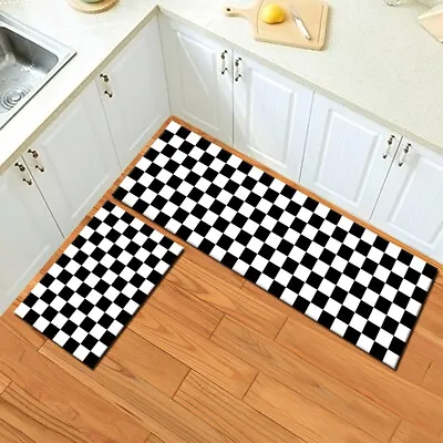 Abstract Black White Plaid Kitchen Mat Non-Slip Carpet Bedroom Floor Area Rugs • $11.99