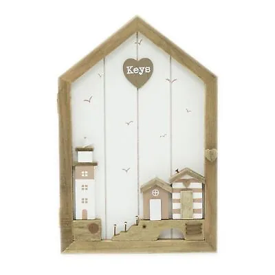 Shabby Chic Coastal Key Cabinet | Wall Mounted Wooden Seashore Key Box - 6 Hooks • £19.99