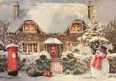 Snowy Cottage & Snowman Charity Christmas Card - SINGLE CARD - Ex The Works • £2.20