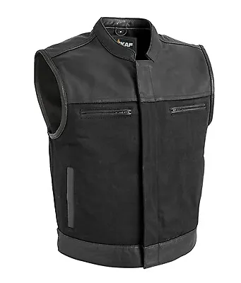 Men Leather Canvas Hunt Vest Stinger Biker Vest Black Leather Zipper Club Riding • $59.99