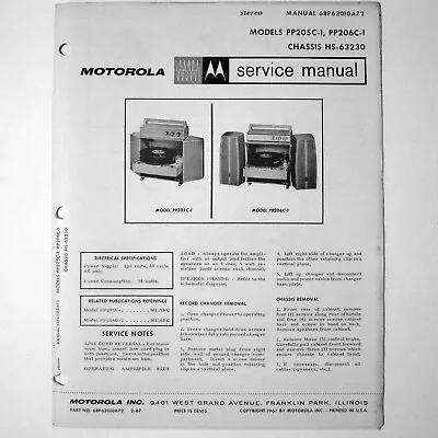 Motorola ® Models PP205C-1 PP206C-1 Portable Record Player Service Manual © 1967 • $4.70