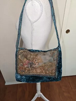 Vtg Carpetbags Of America Blue Velvety Tapestry Medieval Romance Shoulder Bag • $35