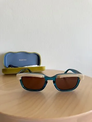 $425 • Buy New Gucci Sunglasses Glasses Womens Mens Optical GG1166S 004 Blue Rectangle Tan