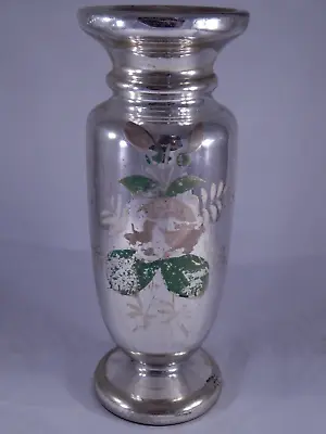 Antique Mercury Glass Large Vase Silver With Floral Design 10  High • $75