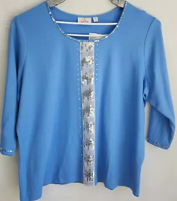 Quaker Factory NWT Womens Pretty 3/4 Sleeve Sequence Blouse Size 2X Blue &Silver • $24