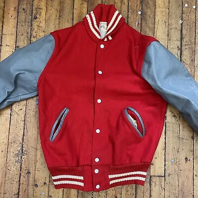 Vintage VARSITY Multi-Color Leather / Wool Snap Up High School Jacket ~ Size 38 • $24.99