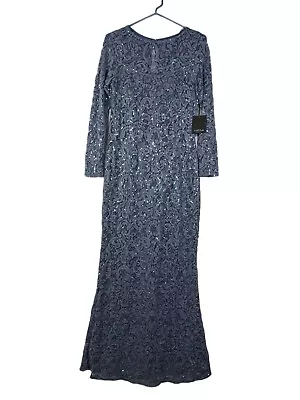 Marina Sequin Lace Long Sleeve Gown Blue Dress Size M NEW • $69.99