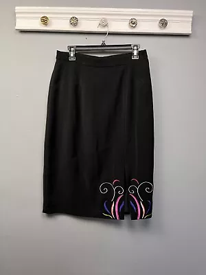Psalm CIV Skirt Womens Size 12 Black Embroidered Modest Midi Elastic Waist Zip • $18.99