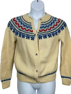 VTG Hand Knit Cardigan Sweater Acrylic Cream Blue Red Nordic Fair Isle Button M • $25.49