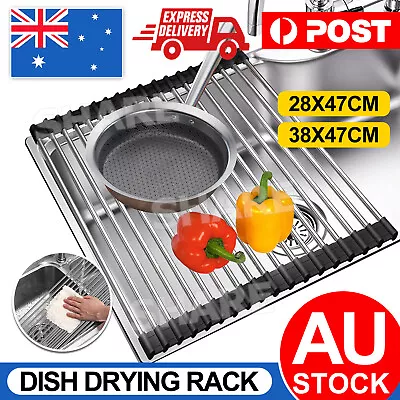 Dish Rack Drying Drainer Over Sink Stainless Steel Rack Roll Up Foldable Kitchen • $13.95