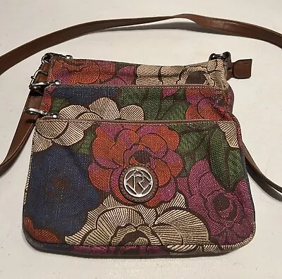 Relic Floral Canvas Crossbody Purse With Brown Leather Details Colorful  8”x8” • $15.95