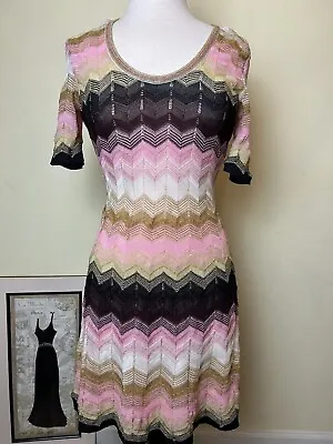 Missoni Dress Midi Possible Size 2-4 Zig Zag Knit Pink Burgundy Golden Metallic • $116.99