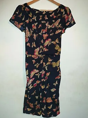 Yumi Floral Dress Size 12 Navy Blue  Fit And Flare Style Feminine Butterfly Chic • £19.99