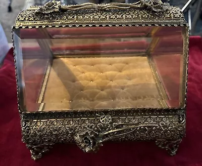 Vintage Antique Beveled  Glass Jewelry Casket Dresser Box Ormolu Filigree • $200