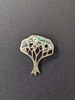 Vintage Signed Alpaca Mexico Brooch Pin Tree Mother Of Pearl Abalone Inlay • $29.95