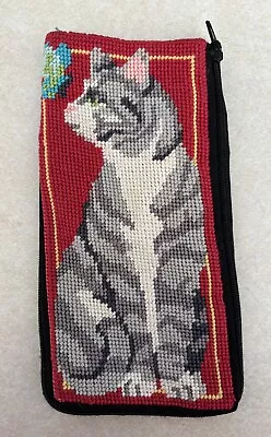 Cat Kitten Eyeglass Case Hand Sewn Needlepoint GrannyCore Ca. 1970 • $17.95