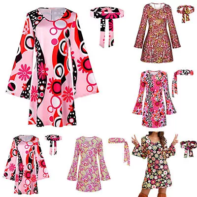 Women Flower Hippie 60 70s Costume Retro Groovy Hippy Disco Dress Cosplay Outfit • £13.07