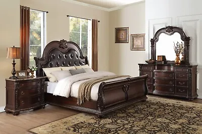 NEW Sleigh 4PC Dark Cherry Brown Espresso Master Bedroom Set Marble Top B/D/M/N • $3459.99