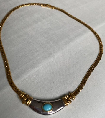 £8 • Buy Vintage Necklace Gold Tone Flat Snake Chain Turqoise Bead Silver Tone Jewellery