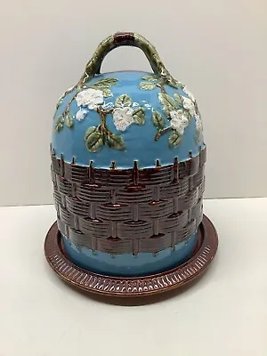 George Jones Reproduction Majolica Cheese Domekeeper Basketweave Floral EUC • $349.99