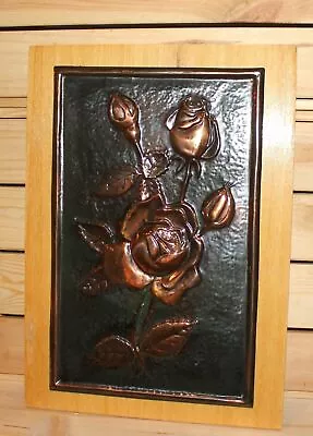 Vintage Wall Hanging Copper/wood Plaque Still Life Flowers Roses With Box • $180.72