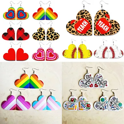 PU Leather Heart Earrings Valentine's Day Leopard Print Rainbow Women Girl 1Pair • $1.51