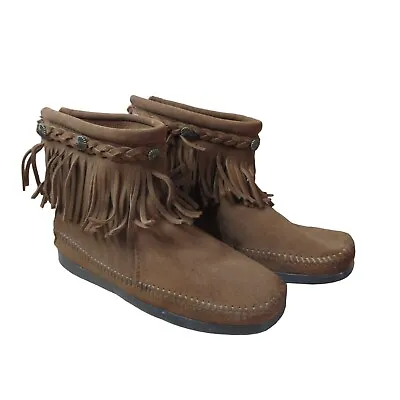 Minne Tonka Boots Womens 7.5 Fringe Hi Top Moccasin Flats Brown Suede Zipper • $29.99