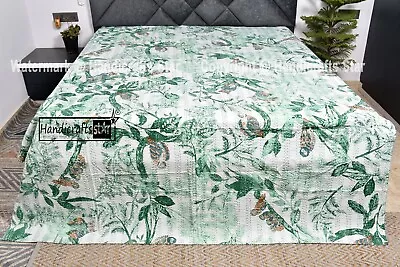 Indian Kantha Quilt Handmade Coverlets Traditional Green Gudari Bedding Bedsheet • $98.66