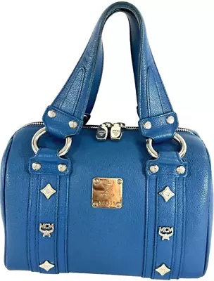 MCM Blue Leather & Silver Hardware Mini Boston Satchel Top Handle Bag • $395