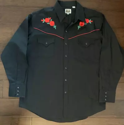 VTG Ely Cattleman Western Pearl Snap Shirt Embroidered Roses Black Men's Size XL • $29.99