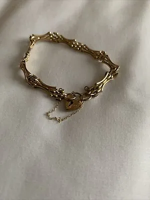Vintage Pretty 9ct Yellow Gold Fancy Gate Bracelet With Engraved Heart Padlock • £240